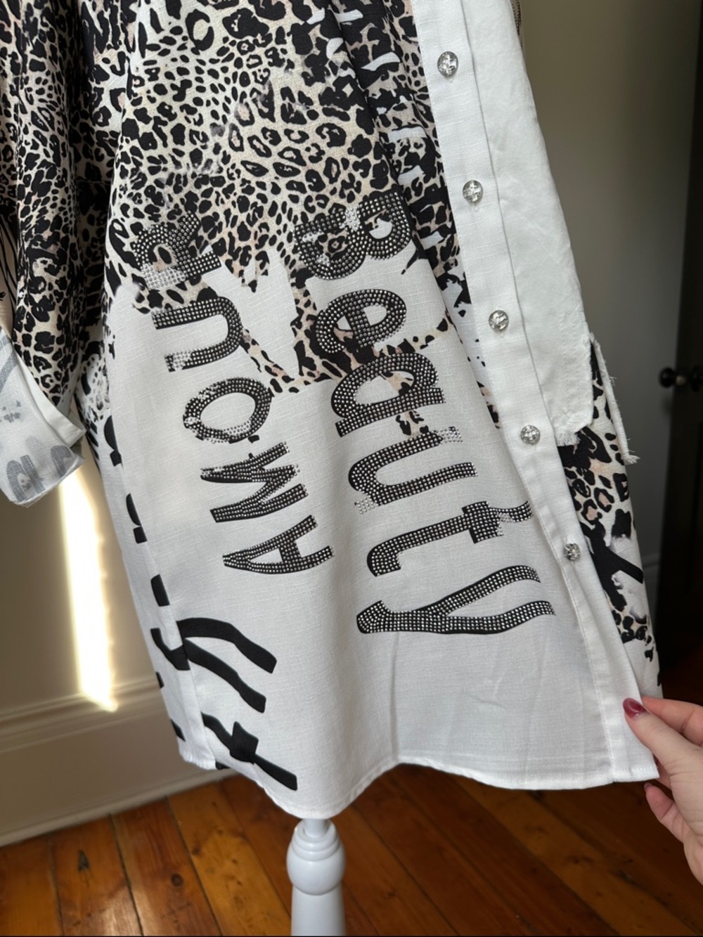 FRANK LYMAN Leopard & Typography Collared Shirt Sparkle Glam Unique Maximal XL - Picture 8 of 10